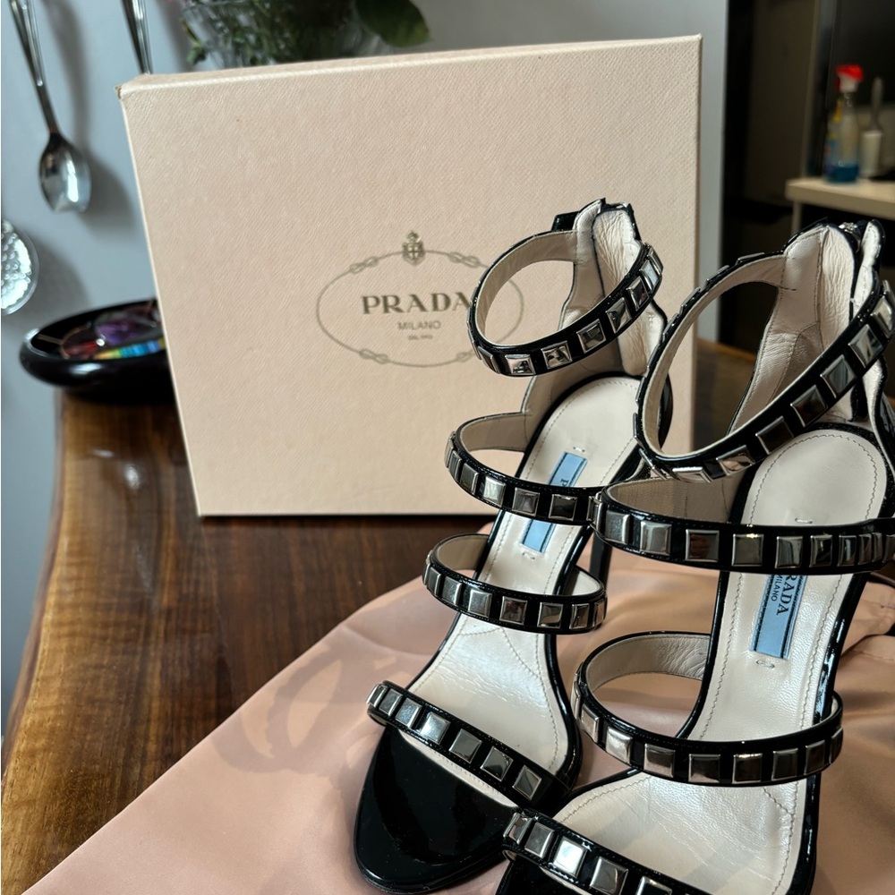 Prada Black Strappy Heels with Glossy Finish